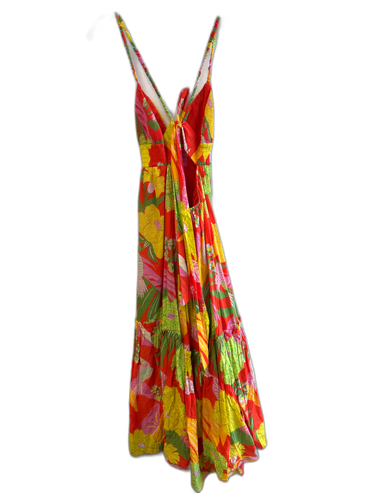 Farm Rio Size Small Orange, Yellow & Green Cotton Open Back Floral & Birds Dress Orange, Yellow & Green / Small