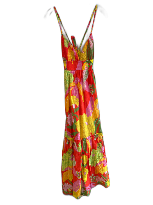 Farm Rio Size Small Orange, Yellow & Green Cotton Open Back Floral & Birds Dress Orange, Yellow & Green / Small