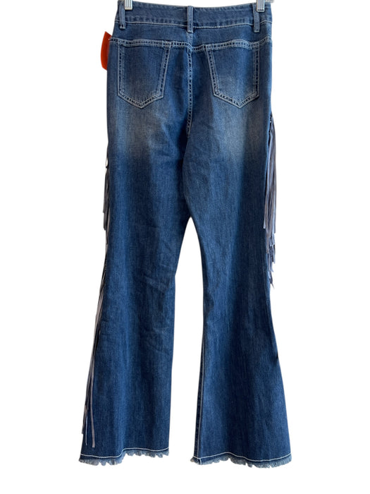 Oyrosy Size XS Med Dark Wash Cotton Blend Zip Fly Flare Leather Fringe Jeans Med Dark Wash / XS