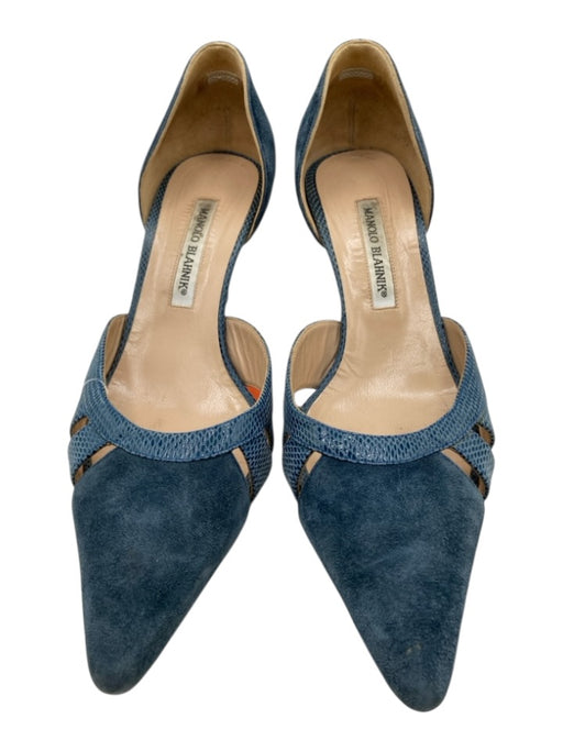 Manolo Blahnik Shoe Size 39 Blue Leather Upper Suede Cut Outs Pointed Toe Pumps Blue / 39