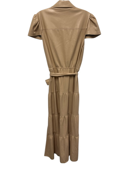 Alice + Olivia Size 8 Tan PU Leather Button Front Cap Sleeve Tie Belt Dress Tan / 8