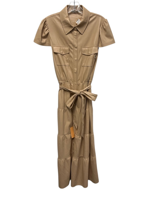 Alice + Olivia Size 8 Tan PU Leather Button Front Cap Sleeve Tie Belt Dress Tan / 8