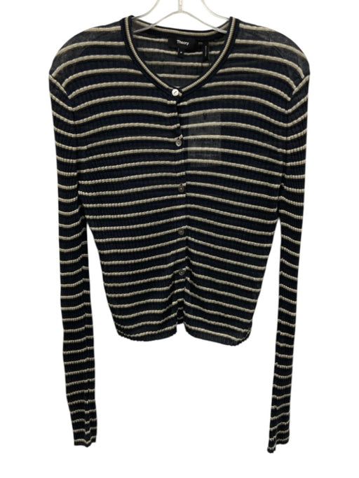 Theory Size M Navy Blue & Beige Linen & Viscose Long Sleeve Stripe Cardigan Navy Blue & Beige / M