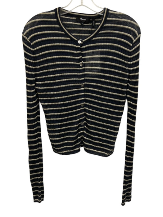 Theory Size M Navy Blue & Beige Linen & Viscose Long Sleeve Stripe Cardigan Navy Blue & Beige / M