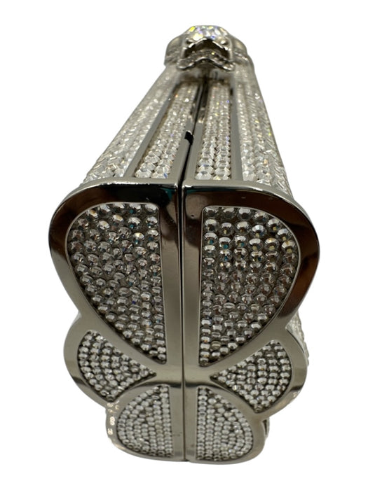 Judith Leiber Silver Rhinestone Push Clasp Bedazzled Clutch Shoulder Bag Silver / Mini