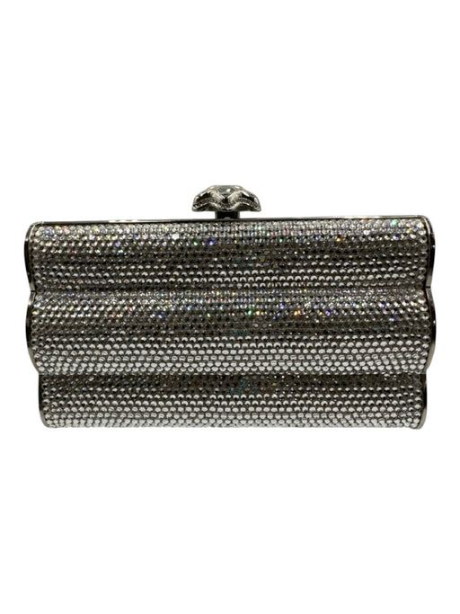 Judith Leiber Silver Rhinestone Push Clasp Bedazzled Clutch Shoulder Bag Silver / Mini