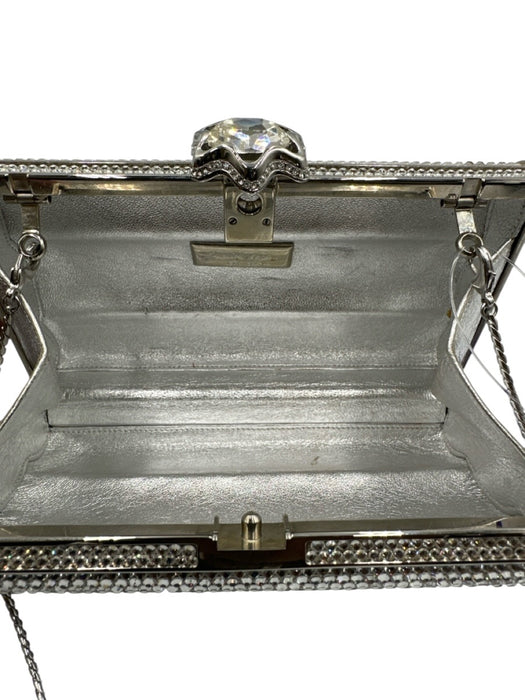 Judith Leiber Silver Rhinestone Push Clasp Bedazzled Clutch Shoulder Bag Silver / Mini