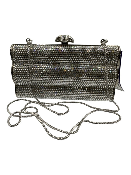 Judith Leiber Silver Rhinestone Push Clasp Bedazzled Clutch Shoulder Bag Silver / Mini