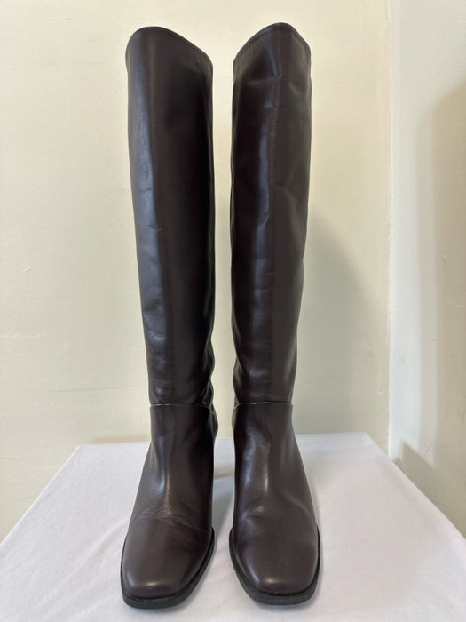 COS Shoe Size 38.5 Burgundy Brown Leather Upper Square Toe Block Heel Boots