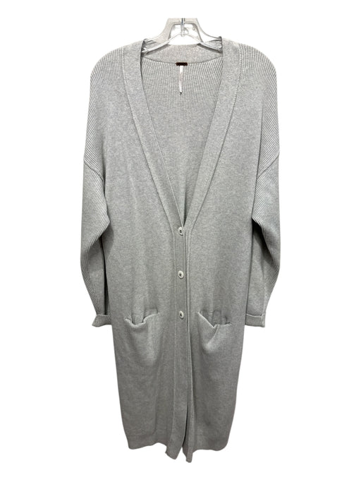 Free People Size L Gray Cream Cotton Blend Ribbed Knit Duster Cardigan Jacket Gray Cream / L