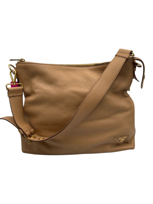 Prada Beige & Gold Grain Leather Zip Close Logo Shoulder Strap Side Zip Bag Beige & Gold / Medium