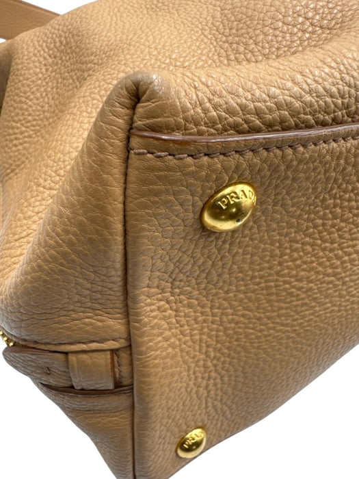 Prada Beige & Gold Grain Leather Zip Close Logo Shoulder Strap Side Zip Bag Beige & Gold / Medium