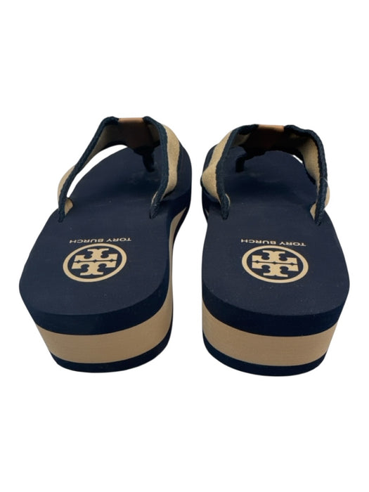 Tory Burch Shoe Size 9 Navy Blue & Beige Foam Thong Logo Stripe Platform Sandals Navy Blue & Beige / 9
