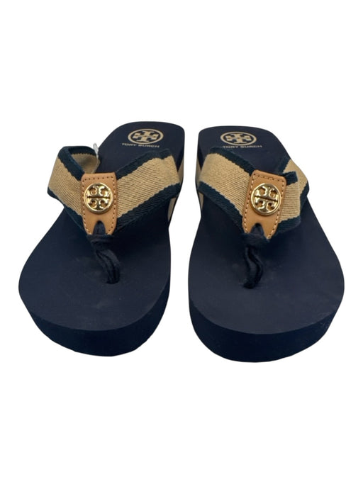 Tory Burch Shoe Size 9 Navy Blue & Beige Foam Thong Logo Stripe Platform Sandals Navy Blue & Beige / 9