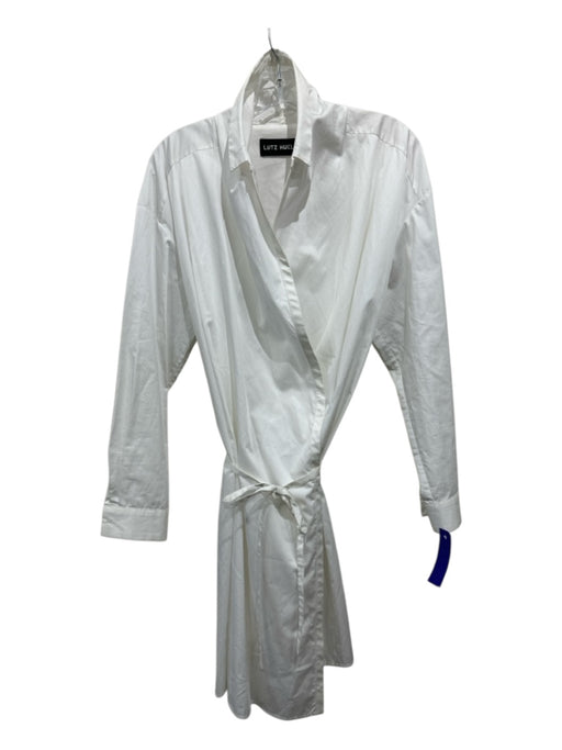 Lutz Huelle Size 36 White Cotton Long Sleeve Tie Front Collar Above Knee Dress White / 36