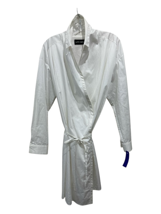 Lutz Huelle Size 36 White Cotton Long Sleeve Tie Front Collar Above Knee Dress White / 36