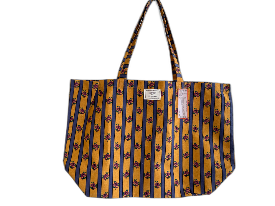 Sezane Yellow Blue Pink Canvas Stripe & Floral Shoulder Bag Tote Bag Yellow Blue Pink / L