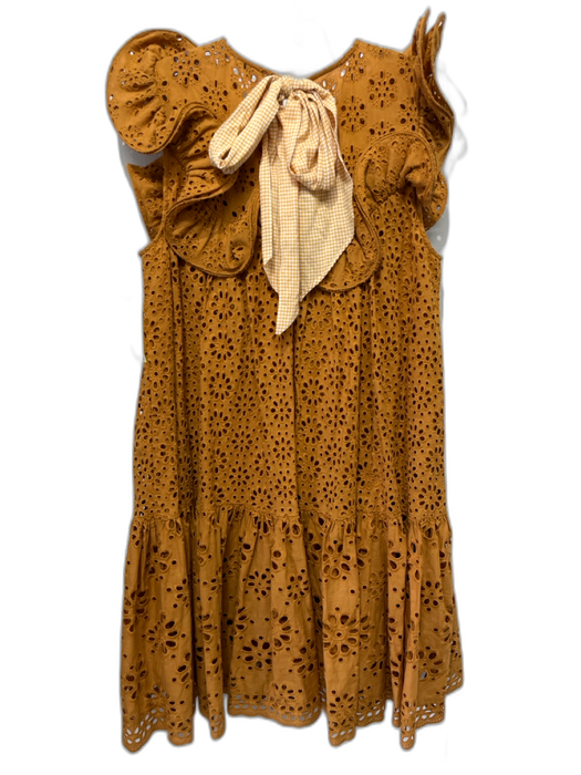 Manoush Size 38 Mustard Brown Cotton Ruffle Cap Sleeve Floral Eyelet Mini Dress Mustard Brown / 38