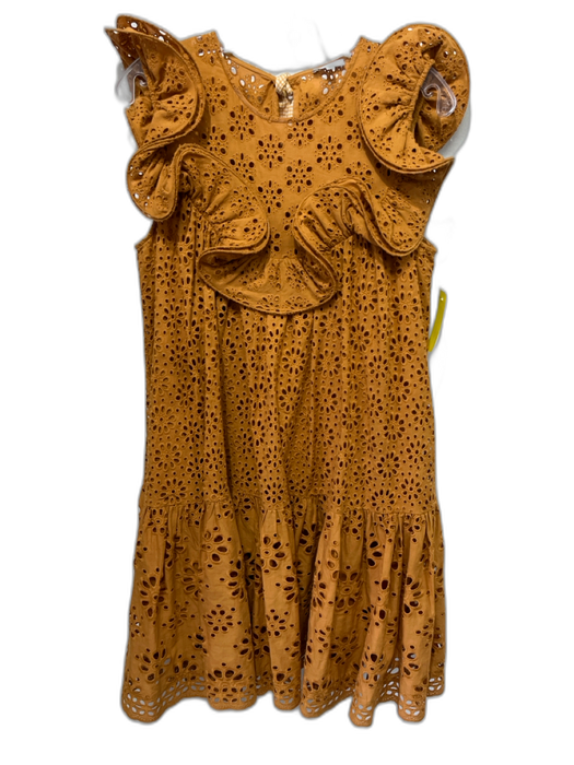 Manoush Size 38 Mustard Brown Cotton Ruffle Cap Sleeve Floral Eyelet Mini Dress Mustard Brown / 38