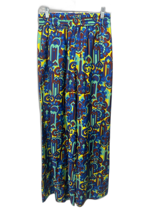 La Double J Size M Blue, Green, Brown Silk Abstract Elastic Waist Palazzo Pants Blue, Green, Brown / M