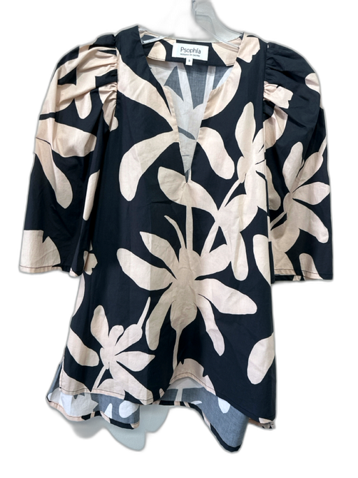 Psophia Vazquez de Castro Size S Black & Beige Cotton V Neck Abstract Floral Top Black & Beige / S
