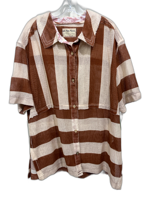 We The Free Size L Brown & Beige Cotton Open Knit Stripe Button Down Top Brown & Beige / L
