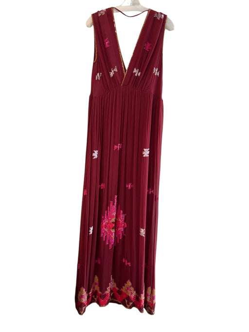 Antik Batik Size S Red Silk Sequin Maxi V Neck Pleated Dress Red / S