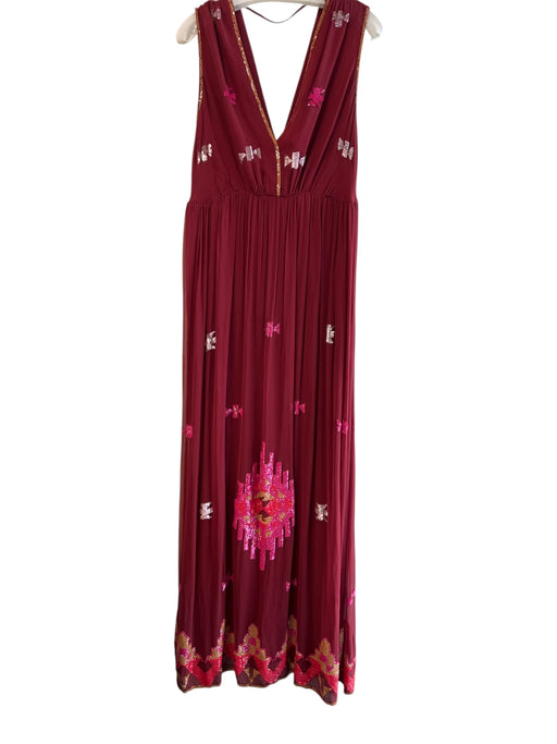 Antik Batik Size S Red Silk Sequin Maxi V Neck Pleated Dress Red / S