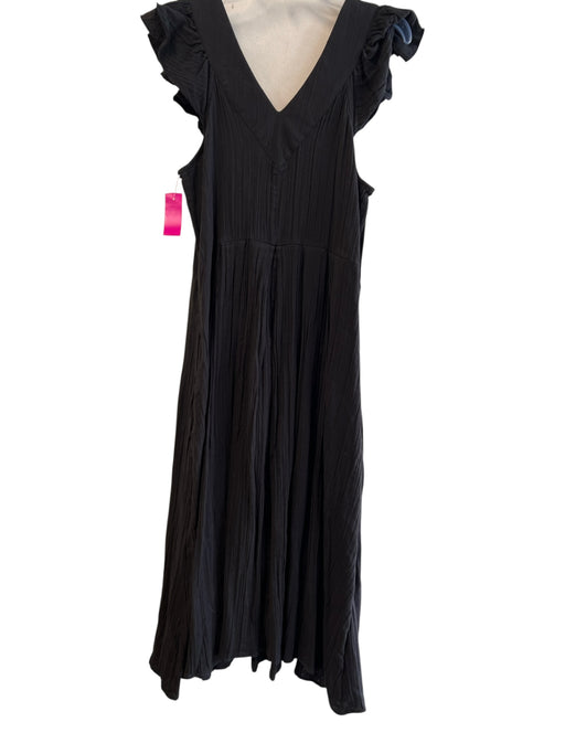 Millie Resort and Travel Size M Black Cotton V Neck Ruffle Sleeve Detail Dress Black / M