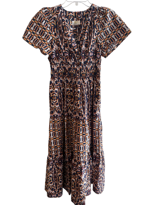 Maeve Size XSP Navy Cotton Abstract Midi Short Sleeve V Neck Dress Navy / XSP