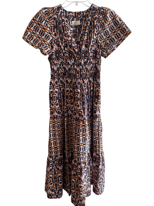 Maeve Size XSP Navy Cotton Abstract Midi Short Sleeve V Neck Dress Navy / XSP
