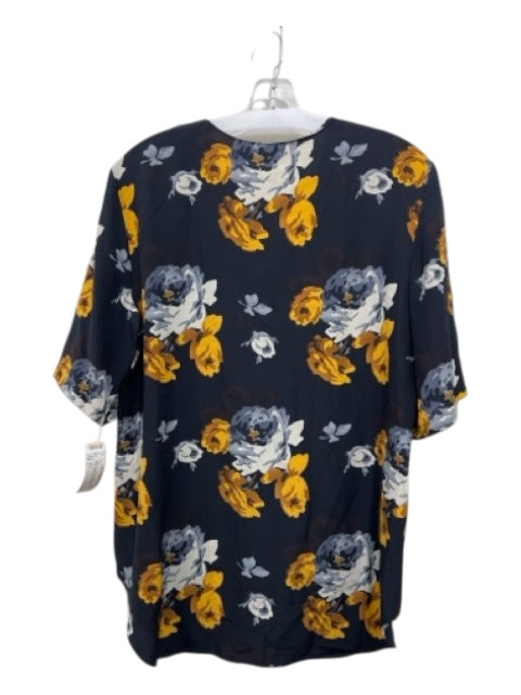 Theory Size L Black, Blue & Yellow Silk Floral Keyhole Front 1/2 sleeve Top Black, Blue & Yellow / L