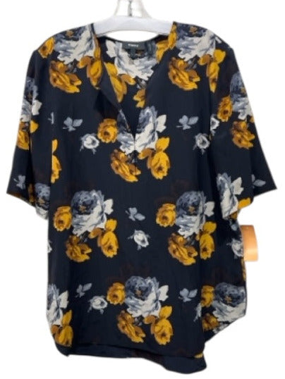 Theory Size L Black, Blue & Yellow Silk Floral Keyhole Front 1/2 sleeve Top Black, Blue & Yellow / L