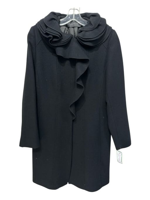 Elie Tahari Size M Black Wool Felted Ruffle Collar Snap Buttons Knee length Coat Black / M