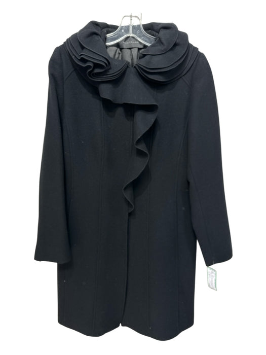 Elie Tahari Size M Black Wool Felted Ruffle Collar Snap Buttons Knee length Coat Black / M