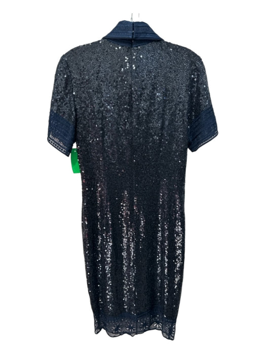 Naeem Khan Size S Navy Blue Sequin Quarter Button Lace Trim Shift Dress Navy Blue / S