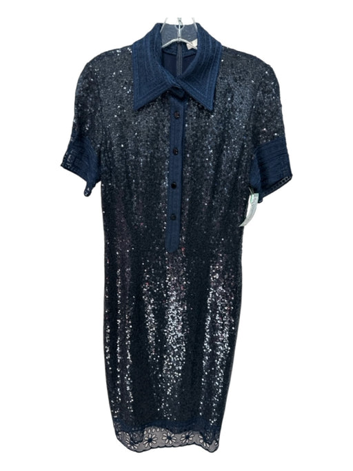 Naeem Khan Size S Navy Blue Sequin Quarter Button Lace Trim Shift Dress Navy Blue / S
