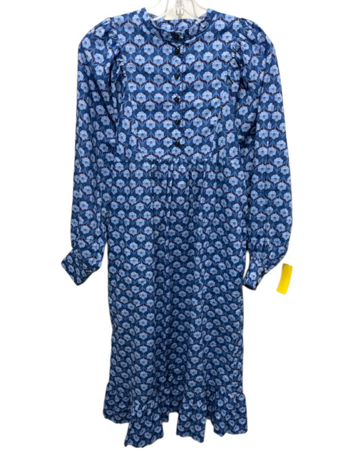 APOF Size Small Blue, Brown & Green Cotton Long Sleeve Floral 1/4 Button Dress Blue, Brown & Green / Small