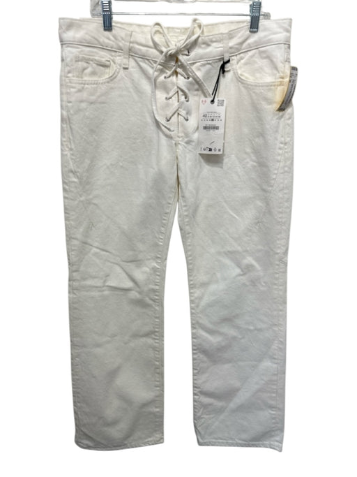 Zara Size 40 White Cotton Denim Lace Up Front Mid Rise Wide Leg Boot Cut Jeans White / 40