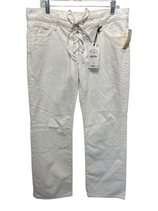 Zara Size 40 White Cotton Denim Lace Up Front Mid Rise Wide Leg Boot Cut Jeans White / 40