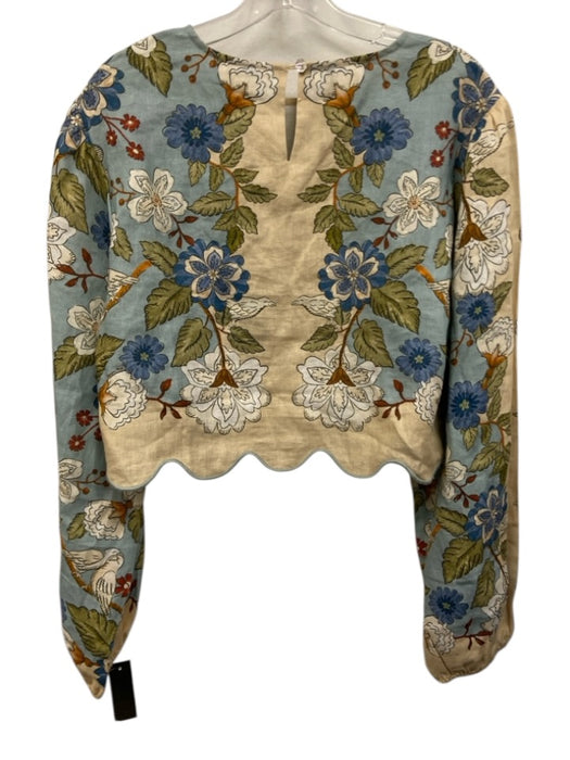 Farm Rio Size L Beige, Blue & Multi Linen Floral Long Balloon Sleeve Crop Top Beige, Blue & Multi / L