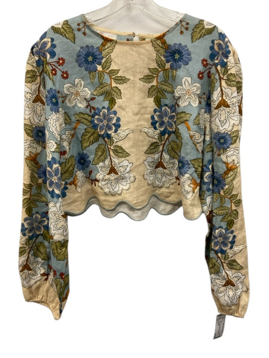 Farm Rio Size L Beige, Blue & Multi Linen Floral Long Balloon Sleeve Crop Top Beige, Blue & Multi / L