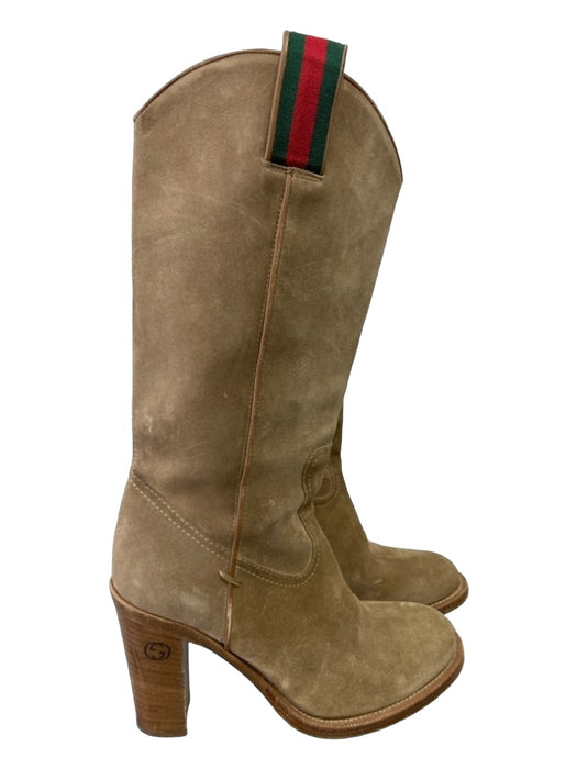 Gucci Shoe Size 7 Beige Red Green Suede Cowboy Knee High Round Toe Boots Beige Red Green / 7