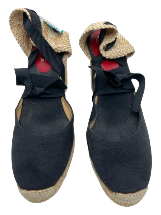 Christian Louboutin Shoe Size 7 Black & Beige Canvas round toe Tie Ankle Wedges Black & Beige / 7