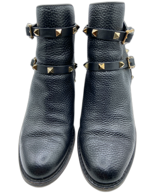 Valentino Garavani Shoe Size 37 Black & Gold Pebbled Leather Round Toe Booties Black & Gold / 37