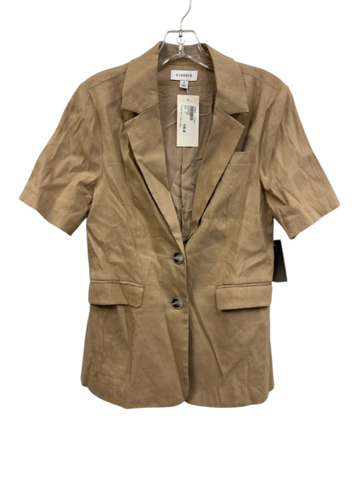 Evereve Size S Beige Brown Linen Blend Short Sleeve Flap Pocket Blazer Jacket Beige Brown / S