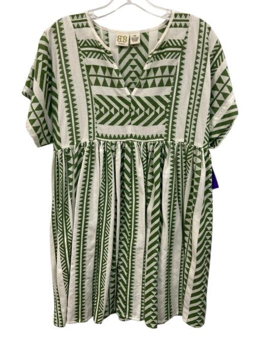 boo gemes Size XS Green & White Cotton All Over Print Split V neckline Dress Green & White / XS