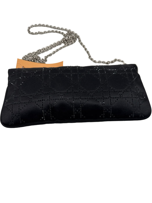 Christian Dior Black Satin Rhinestone Silver Hardware Logo Clutch Bag