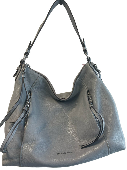 Michael Kors Blue Gray Leather Top Handle Zip Close Tassel Silver hardware Bag