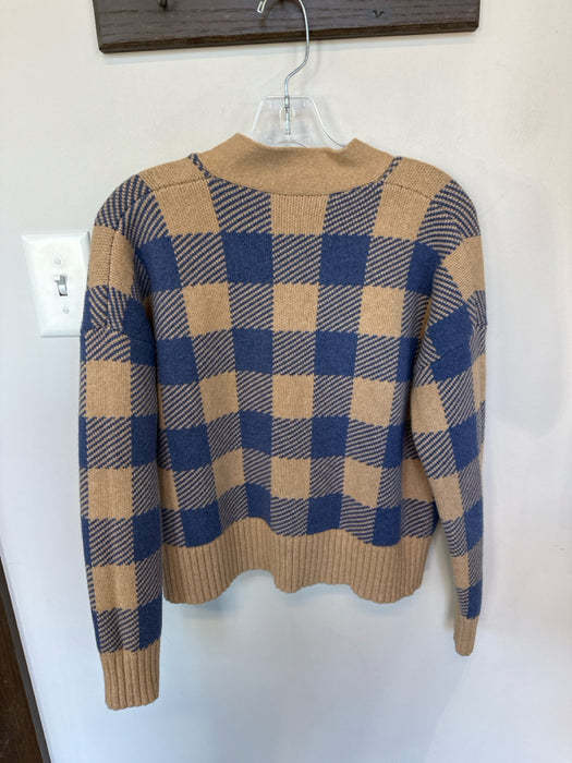 Madewell Size S Tan & blue Cotton Blend Long Sleeve Checkered Knit Sweater